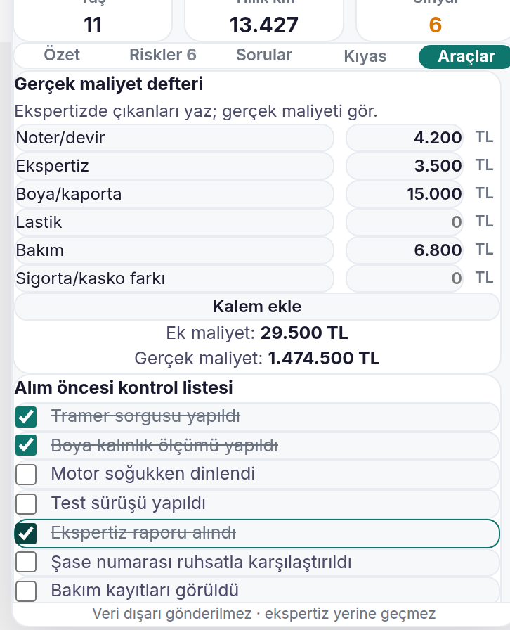 Araçlar sekmesi: gerçek maliyet defteri ve kontrol listesi