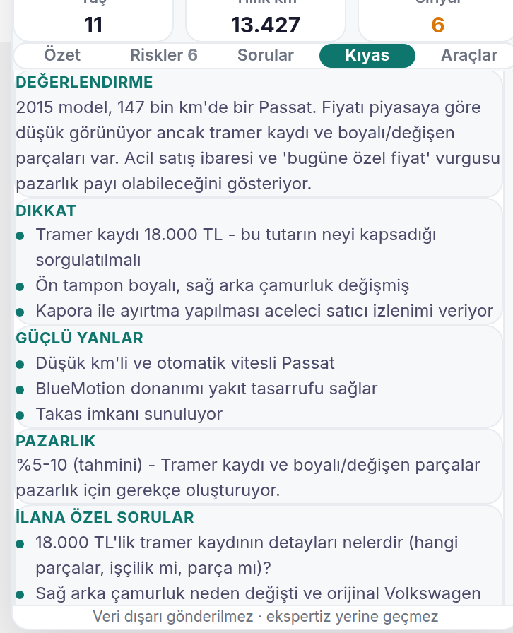Kıyas sekmesi: emsal konumu ve yapay zeka analizi